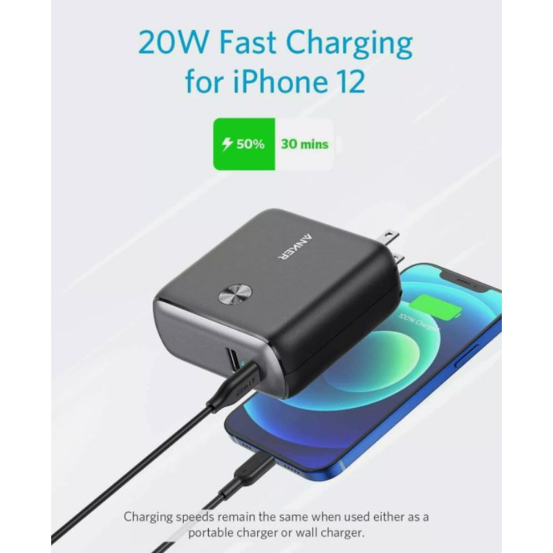 Củ Sạc Kiêm Pin Dự Phòng Anker 10.000mAh - A1623, Sạc Nhanh PD 20W Cho iPhone,iPad,QC 3.0