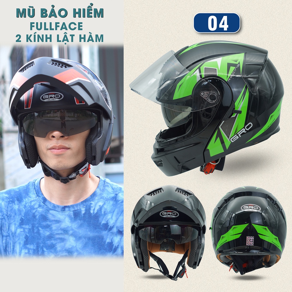 Mũ Bảo Hiểm Fullface GRO Helmet Chính hãng, thiết kế 2 kính lật hàm, khóa kim loại chắc chắn - Tem Xanh Lá