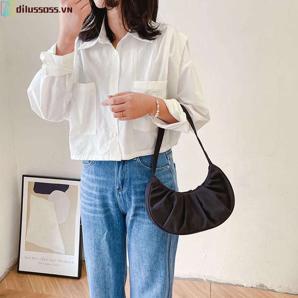 [DILUSSOSS] Túi đeo vai  Small Shoulder Armpit Bag for Women Nylon Solid Color Pleated Cloud Handbag