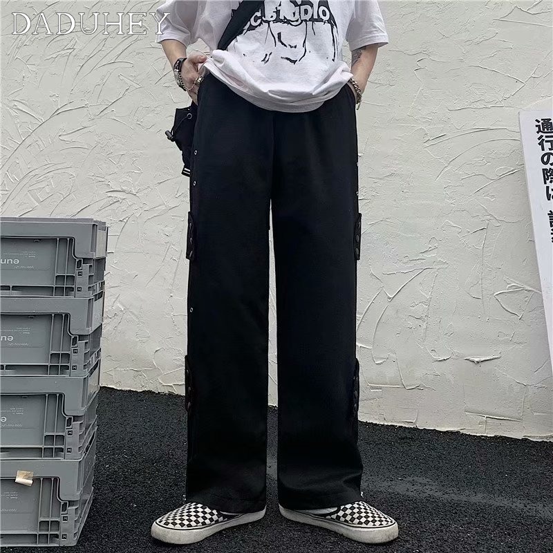 Quần dài cạp cao ống rộng phối khóa kéo phong cách Mỹ dành cho nam và nữ