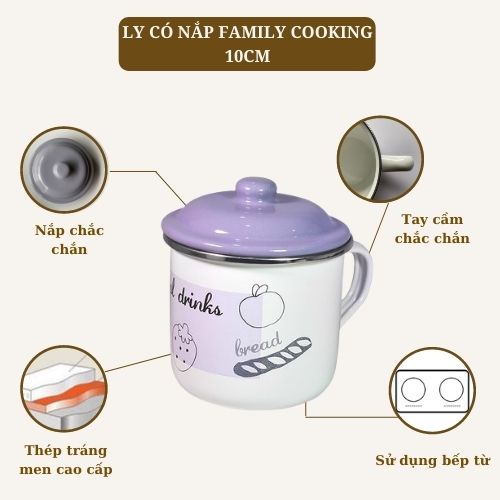 Ly thép tráng men nhập khẩu cao cấp, có nắp đậy Cheftina - dùng bếp từ- kích thước 10cm