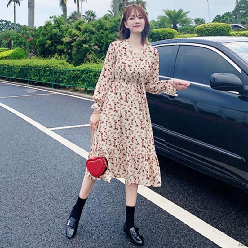 Đầm hoa nữ tay dài kiểu Hàn Quốc dịu dàng đáng yêu | BigBuy360 - bigbuy360.vn
