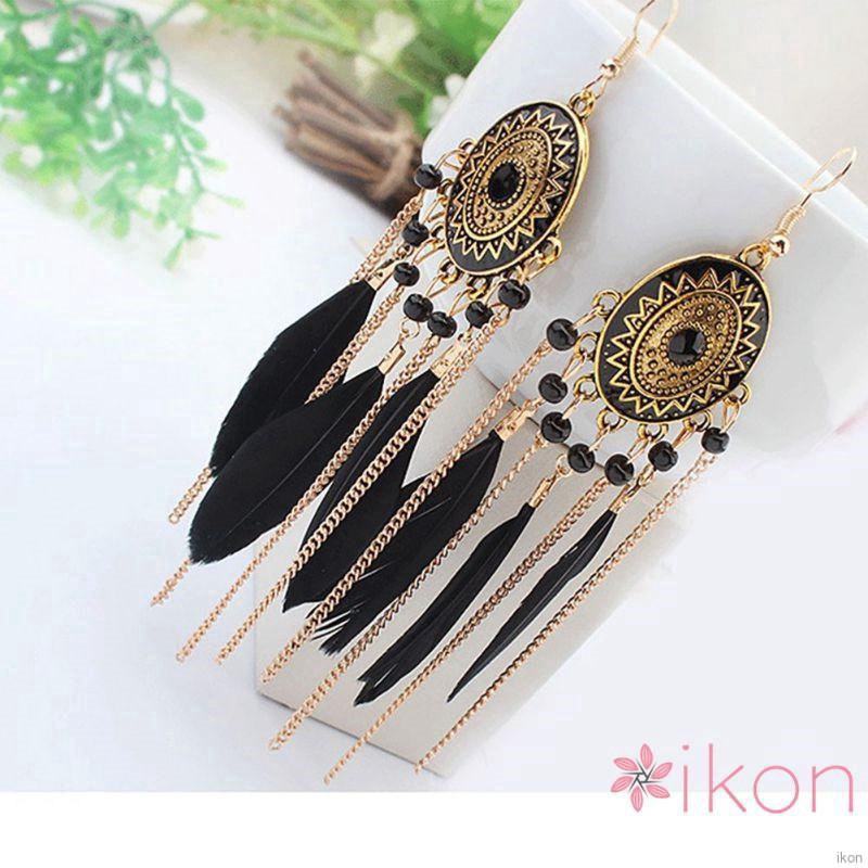 Women Vintage Ethnic Style Fringed Feather Tassel Earrings Bohemian Jewelry