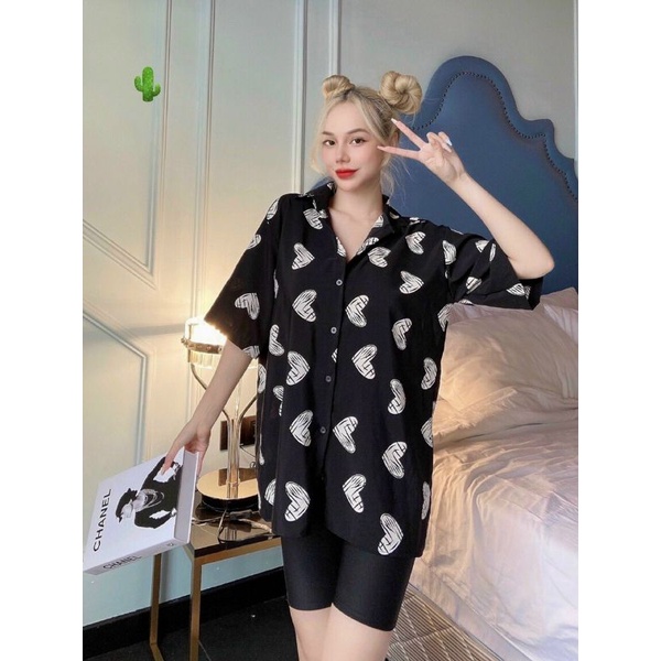 Áo sơ mi in hình trái tim phôm rộng PC