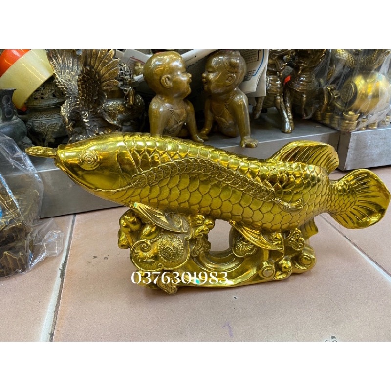 Tượng Cá chép Hoá Rồng cưỡi gậy như ý bằng đồng thau phong thuỷ