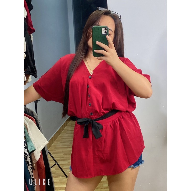Áo tay cánh dơi dây buộc eo dáng giấu quần chất lụa cotton bigsize (60-80kg)