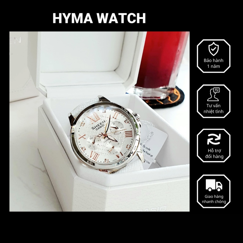Đồng hồ nữ dây da cao cấp kính Sapphire Casio Sheen SHE 3511L-7A Mặt trắng chống nước 50 mét Bảo hành 1 năm Hyma watch