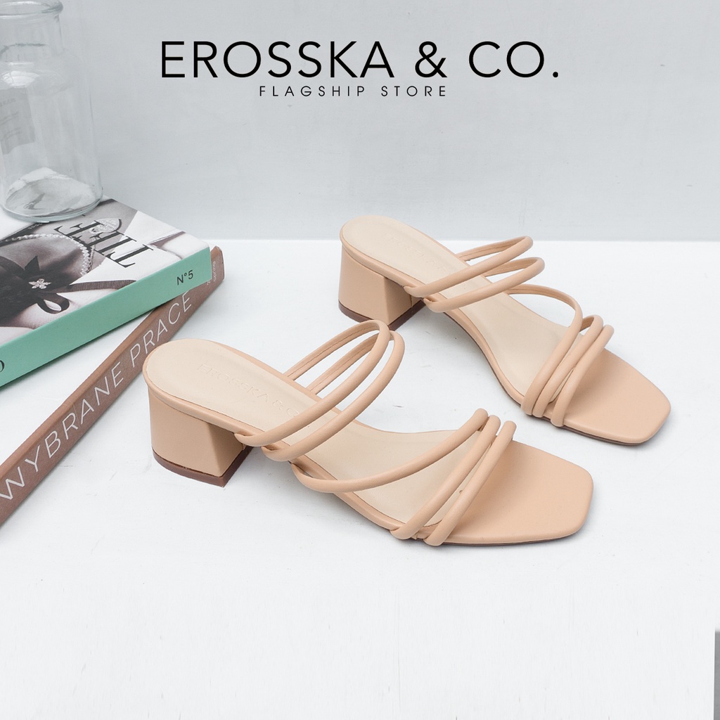 Erosska - Dép cao gót nữ mũi vuông phối dây quai phong cách Hàn Quốc cao 4cm màu xanh - EM086