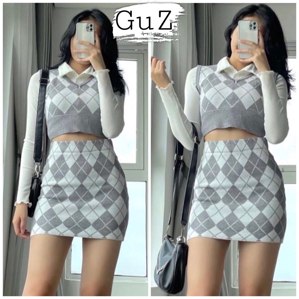 Set đầm body len Set 3 món áo gile cùng chân váy xám kẻ mix áo trắng dài tay phong cách ulzzang GuZ