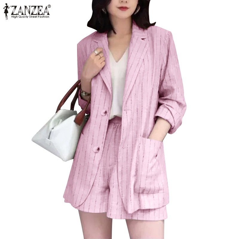Set đồ 2 món ZANZEA gồm áo khoác blazer tay dài và quần ngắn họa tiết sọc thời trang Hàn Quốc cho nữ
