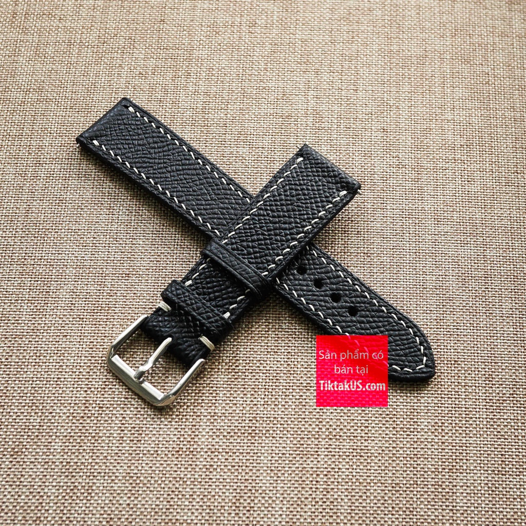 Dây đồng hồ da bò epsom Pháp chỉ viền trắng kèm khóa đủ size 18mm - 20mm - 22mm