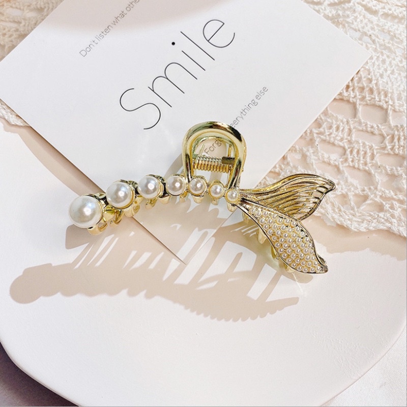 Kẹp tóc đuôi cá bằng kim loại Hàn Quốc cho nữ, kẹp tóc sau đầu đính đá đính ngọc