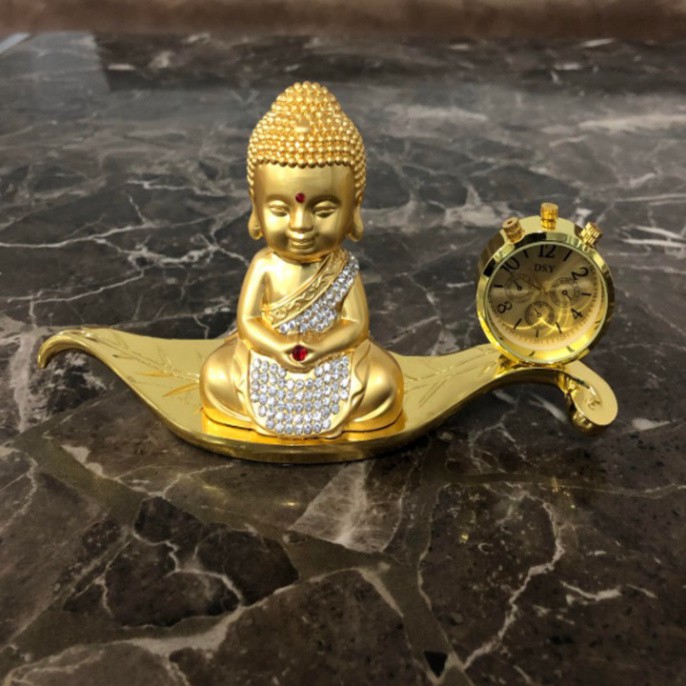 Sản Phẩm Tượng phật đúc đồng mạ vàng, kiêm đồng hồ trang trí trên bàn làm việc, taplo ô tô, xe hơi cao cấp - Mã A72542 .