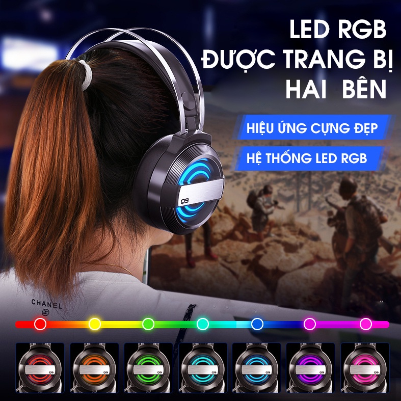 Tai nghe gaming chụp tai MC Q9 cho máy tính điện thoại có mic đèn LED đổi màu siêu đẹp âm thanh HD super Bass