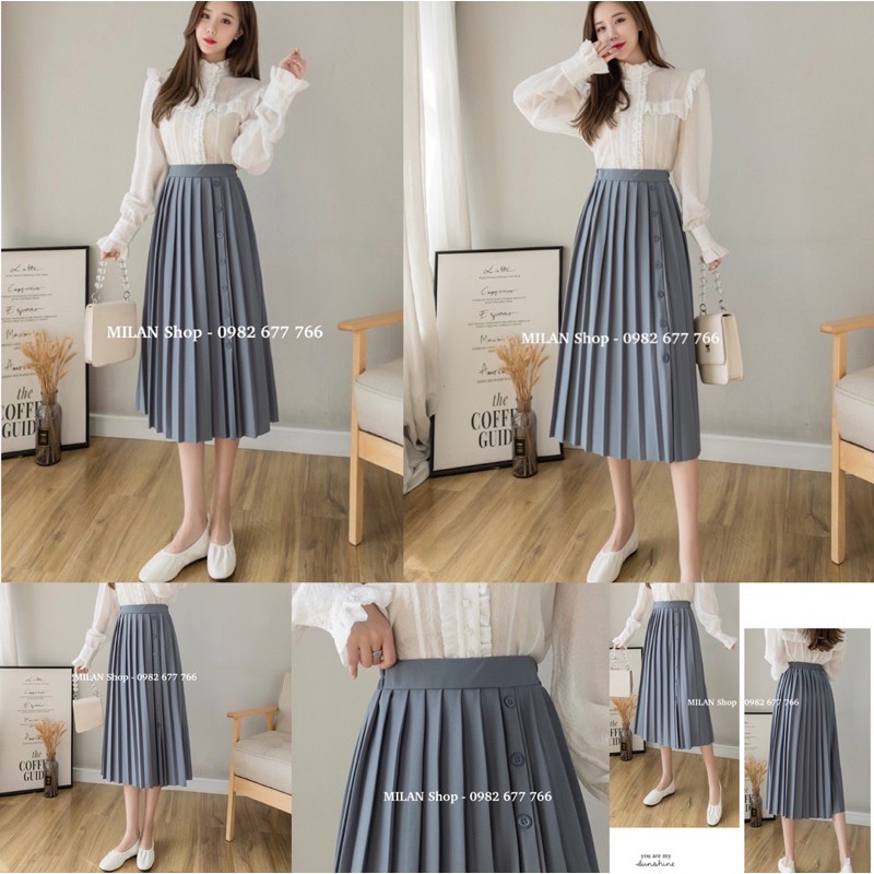 Chân váy xếp ly midi đính khuy lệch thời trang | BigBuy360 - bigbuy360.vn