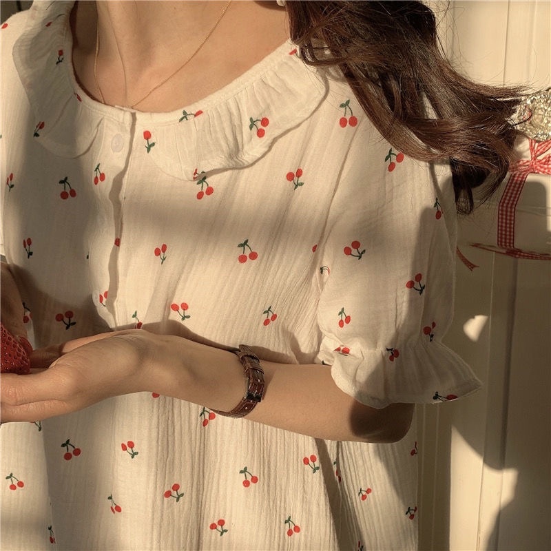 [CÓ SẴN] Váy ngủ cherry dáng dài cộc tay hoa nhí mặc nhà dễ thương chất mát Hàn Quốc ullzang