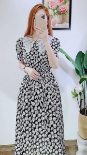ĐẦM MIDI HOA CÚC CỔ REN (KÈM HÌNH THẬT)