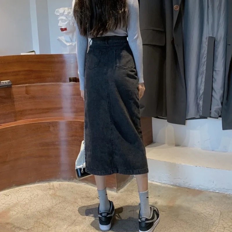 Chân váy jean một khuy trơn cv bò dáng dài xẻ tà cạp cao hách dáng mẫu mới nhất-Minxy shop
