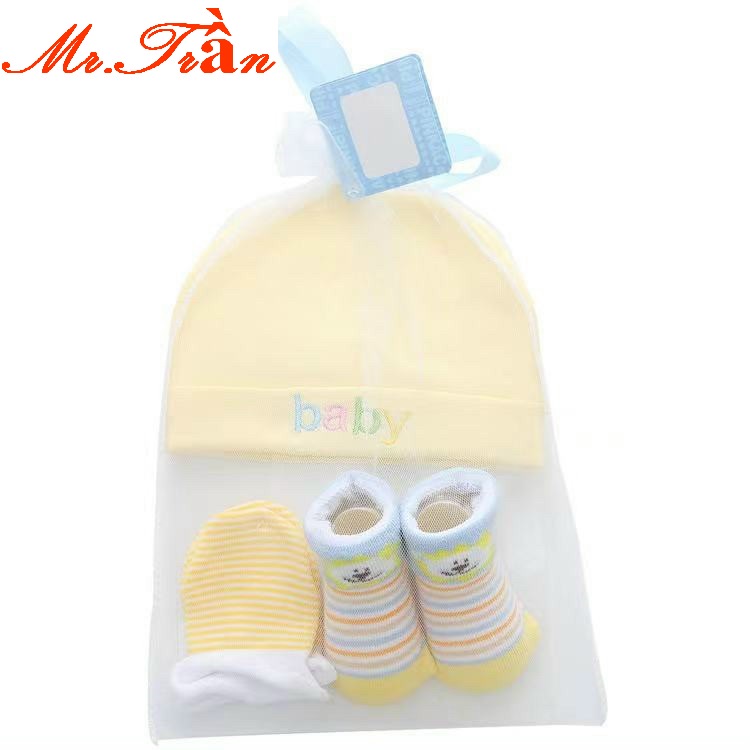 Set 3 món bao tay, bao chân và mũ thóp loại cao cấp siêu mềm cho bé sơ sinh trong túi lưới