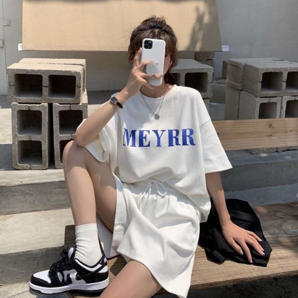 Set thun merry form basic unisex ⚡ Casper.Store | FREESHIP | ⚡ combo áo phông in chữ cổ tròn dáng rộng kèm quần short nữ