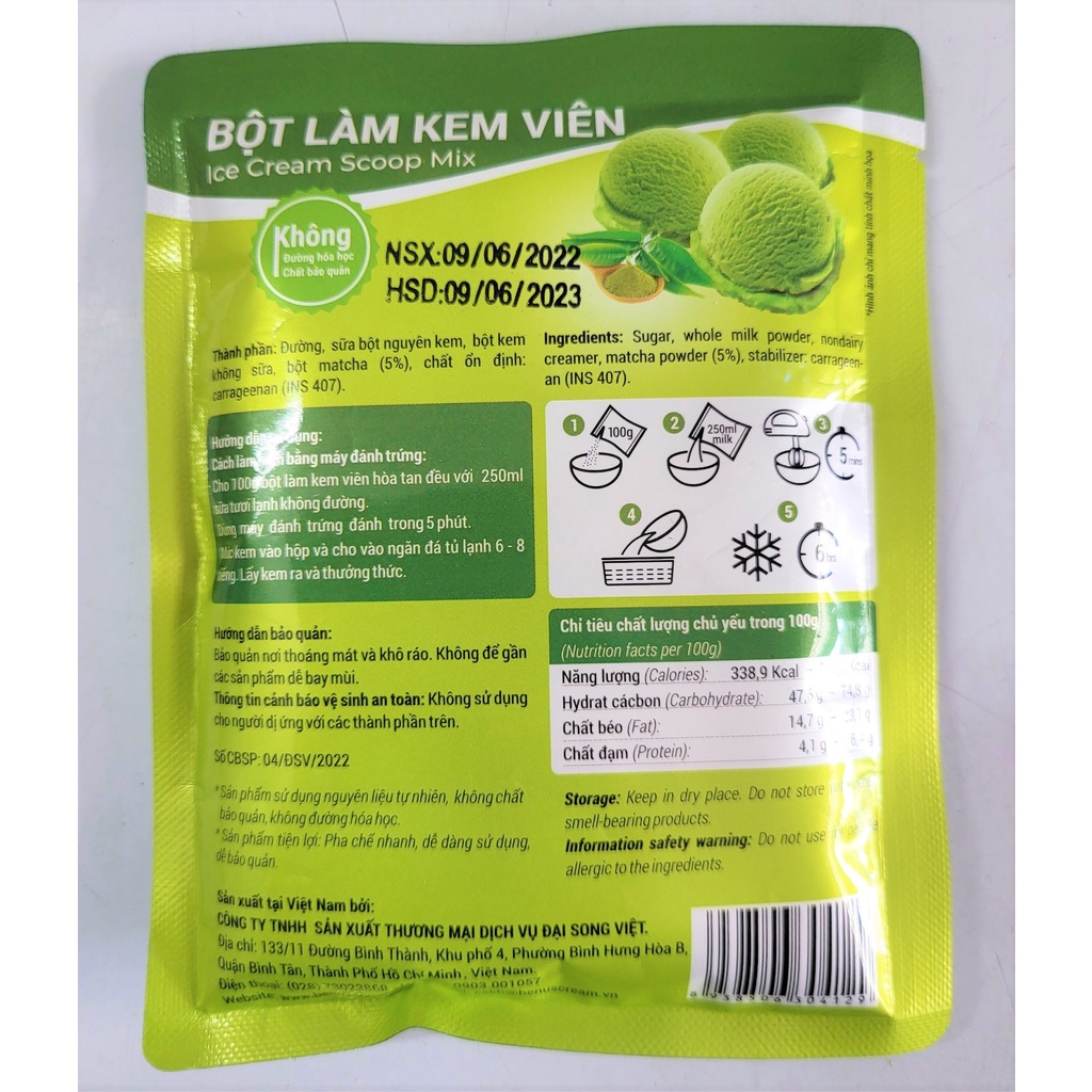 [Gói 100g – vị MATCHA ] BỘT LÀM KEM VIÊN [VN] BENUSCREAM Matcha Ice Cream Scoop Mix