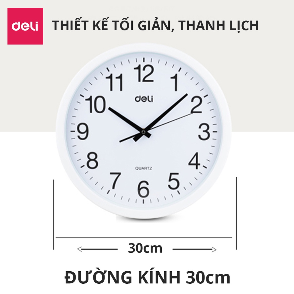 Đồng hồ treo tường kim trôi Quazt cao cấp Deli - Bảo hành 12 tháng, mua kèm móc treo giá shock - 9005