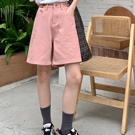 Quần short denim SUXI lưng cao màu trơn thời trang cho nữ