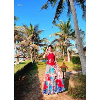 Đầm maxi hoạ tiết cổ yếm dây lưng