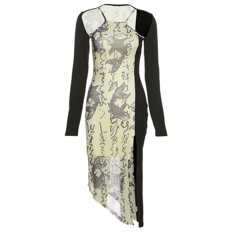 Đầm ôm tay dài hở vai họa tiết cá chép/áo nịt eo phong cách punk dành cho nữ