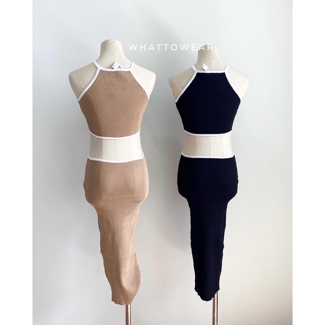SALE Đầm yếm body dệt kim cut out eo bo viền trắng