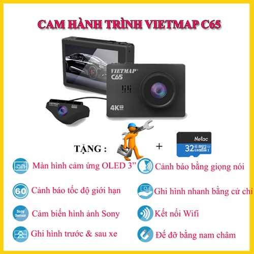 Camera quan sát ghi hình ảnh VIETMAP model C65, ghi hình ảnh cùng lúc trước sau, cảnh báo bằng giọng nói | BigBuy360 - bigbuy360.vn