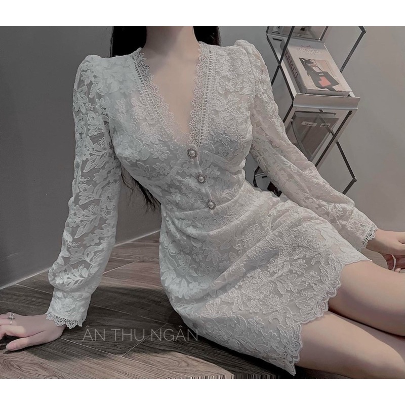 Váy ren cổ V tay dài siêu xinh