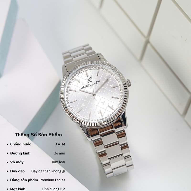 Đồng hồ nữ Daniel Klein Watch DK.1.12540 mặt nhỏ đính đá, kính cứng chống xước, chống nước, dây thép đeo tay cao cấp