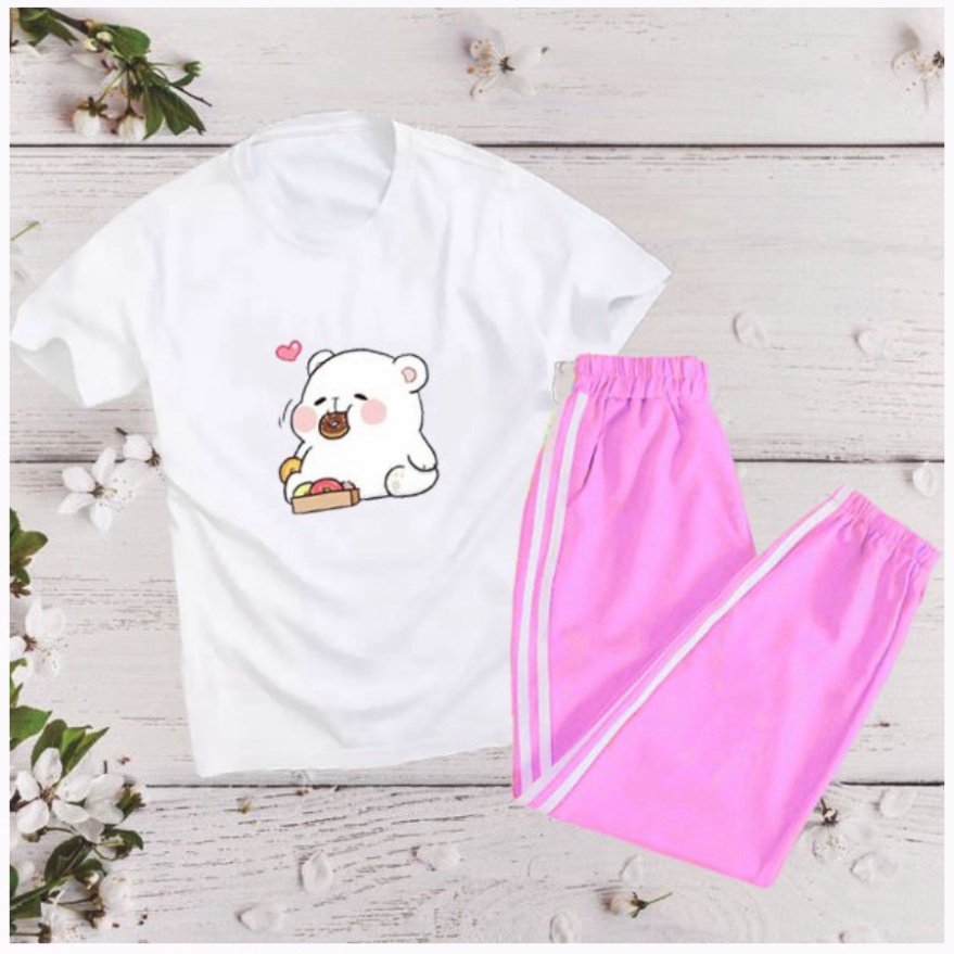 Sét áo phông gấu tim ăn bánh + quần ống rộng 2 sọc chun gấu HARIQUEEN