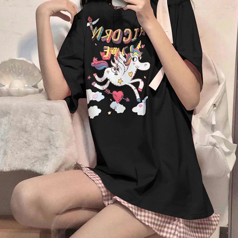 Áo Thun Ngắn Tay Cổ Tròn In Hình Ngựa Và Cầu Vồng Đáng Yêu Cho Nữ