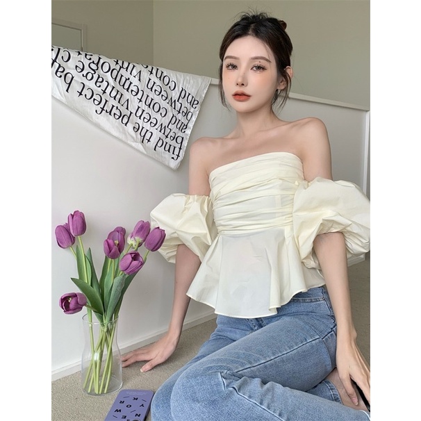 Áo trễ vai tay phồng rời màu trơn basic xếp ly không mút tiểu thư dễ thương -Mã: 777 TV-FASHION