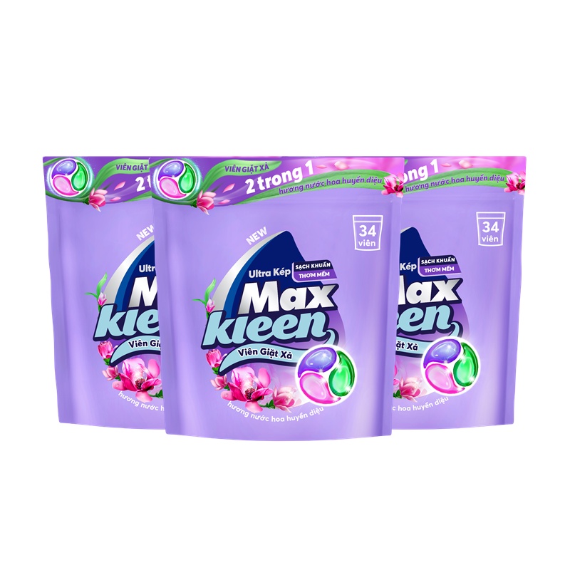 Combo 3 Túi Viên Giặt Xả MaxKleen 2 Trong 1 Hương Nước Hoa Huyền Diệu (34 viên/túi)