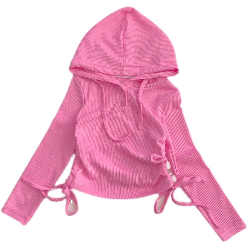 Áo Thun Tay Ngắn Có Mũ Trùm Dây Rút Bên Hông Phong Cách Phương Tây Hàn Quốc Màu Kẹo Ngọt Dễ Phối Đồ Cho Bé Gái