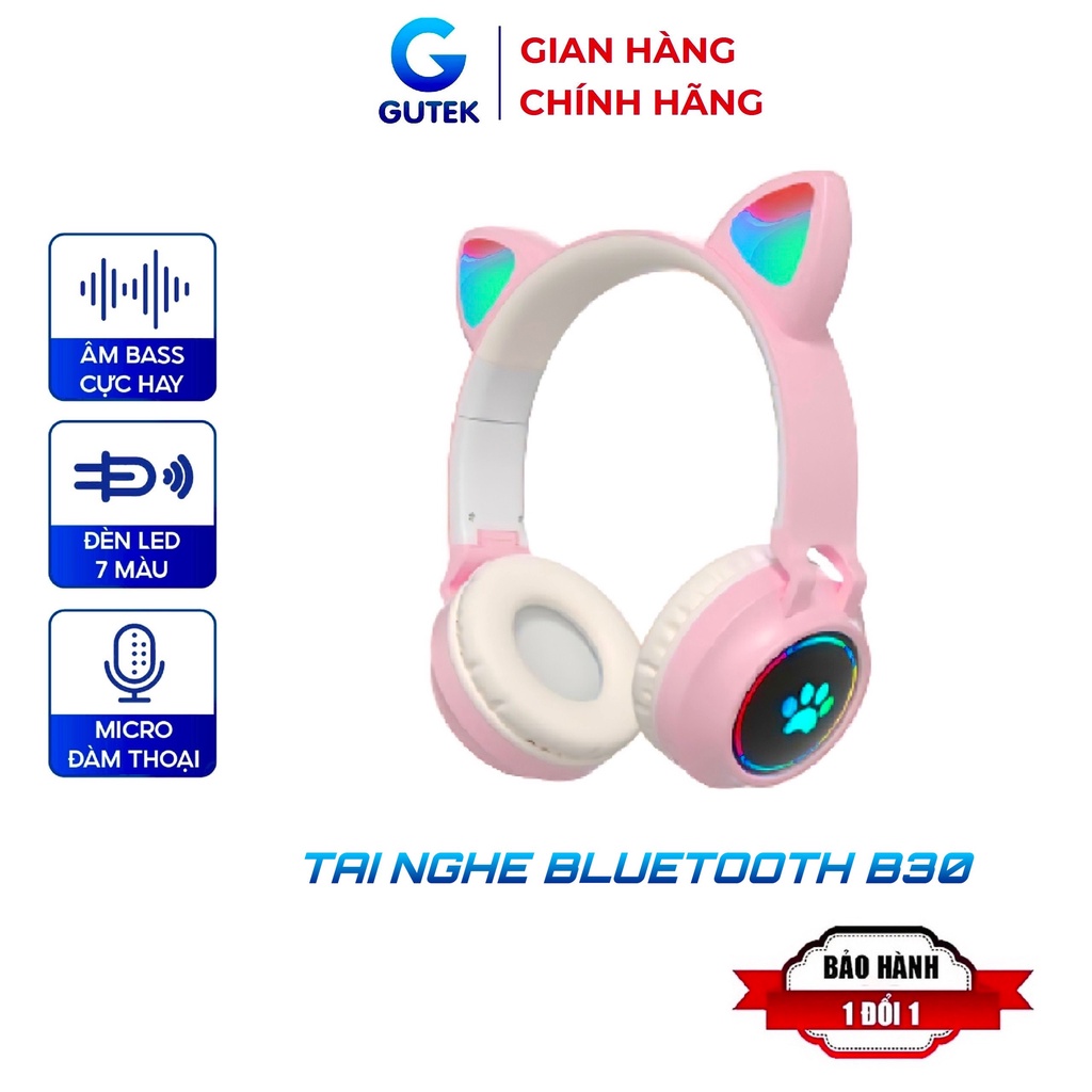 Tai nghe bluetooth chụp tai không dây tai mèo đèn led 7 màu Gutek B30 có mic chống ồn tốt