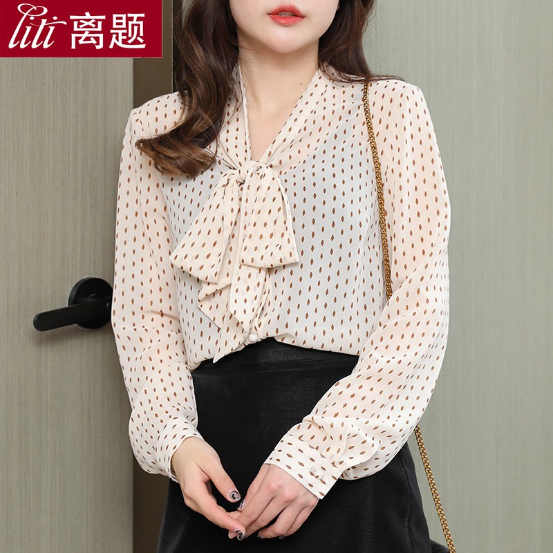 Áo Sơ Mi Chiffon Tay Dài Cổ Chữ V Họa Tiết Chấm Bi Phối Ruy Băng Dễ Thương Cho Nữ