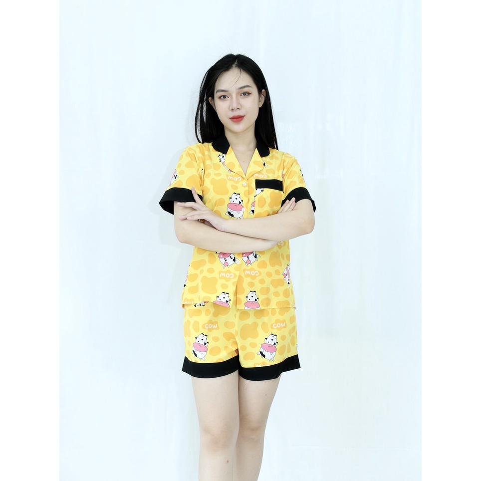 [HÌNH THẬT 100%]  Bộ đồ bộ ngắn MÀU VÀNG CON THÚ CỰC XINH  - vải siêu lụa  - Cực Kì Sang Chảnh