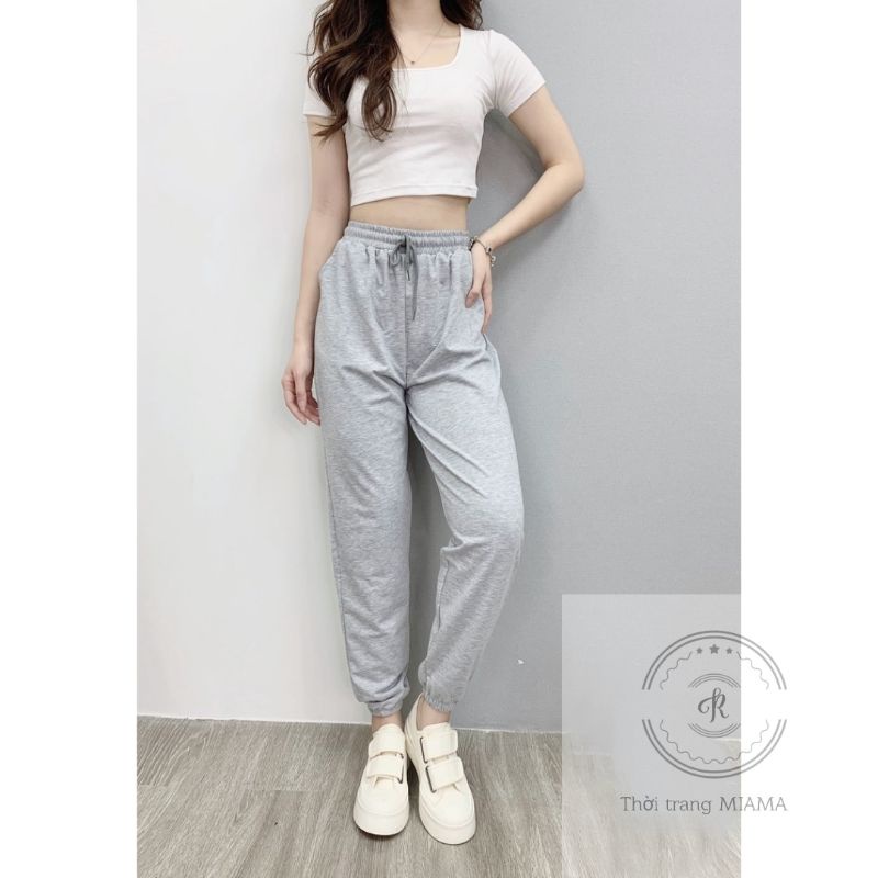 Quần nỉ nữ ống rộng jogger dây rút bo gấu dáng suông dài vải da cá màu xám đen - Quần thể thao nữ ống rộng mặc tập gym