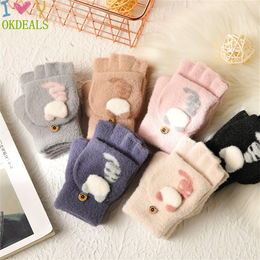 Đôi Găng Tay Lông Nhung Mềm Mại Hở Ngón Họa Tiết Mèo Dễ Thương