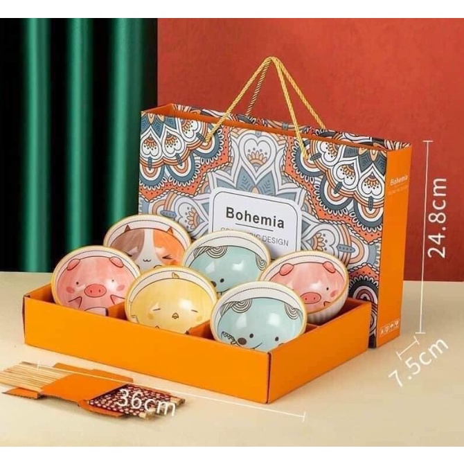 Bộ 6 bát sứ hình con vật ngộ nghĩnh sinh động bắt mắt dày dặn hàng loại 1 kèm hộp đi tặng hay dùng siêu sang Giko