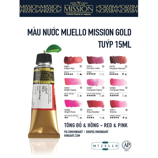 Tông đỏ, hồng màu nước Mijello Mission Gold - tuýp 15ml lẻ