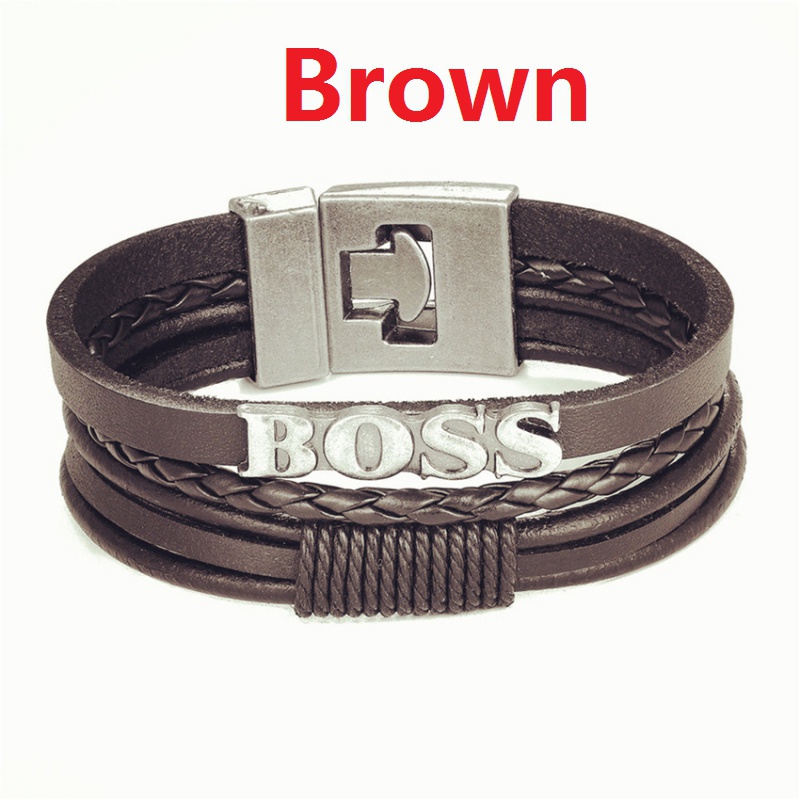 Vòng Tay Da Nhiều Lớp Mặt Chữ Boss Phong Cách Retro