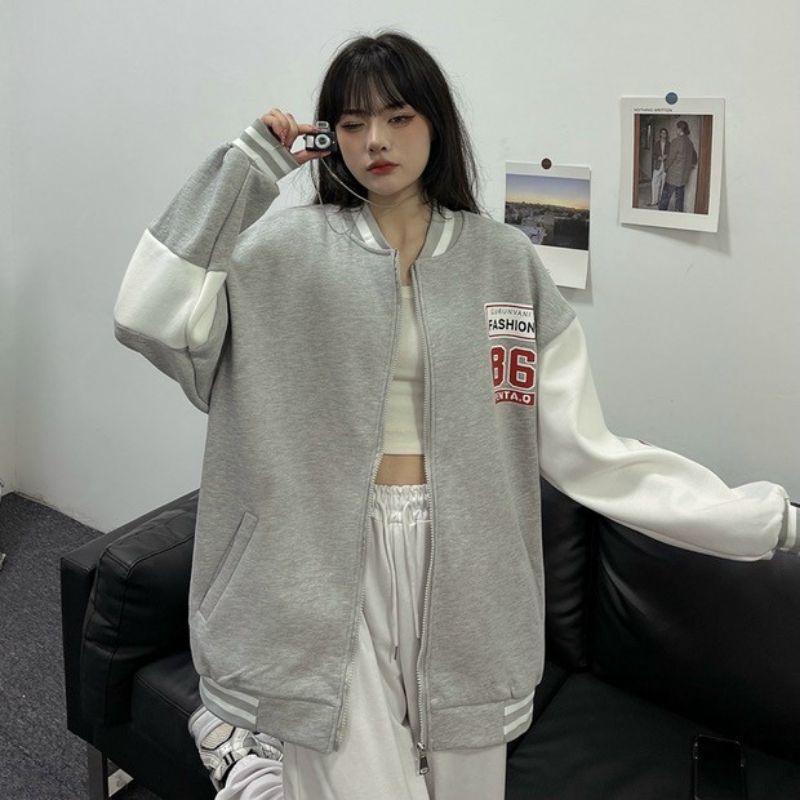Áo Bomber nam nữ unisex ,Áo khoác nỉ 86 form rộng sẵn 2 màu Freesize dưới 65kg