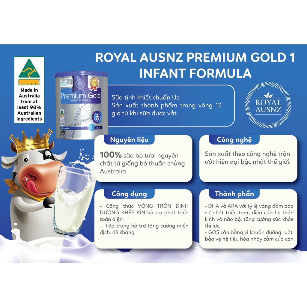 Combo 3 Hộp Sữa Bột Premium Gold Số 1 ROYAL AUSNZ Vị Ngọt Dịu Giúp Hấp Thu Dinh Dưỡng Cho Trẻ 400g-900g/hộp