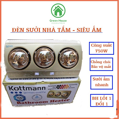 Đèn sưởi nhà tắm - Máy sưởi nhà tắm loại 3 bóng, chống lóa, chống bỏng, chống thấm nước Đèn sưởi hồng ngoại