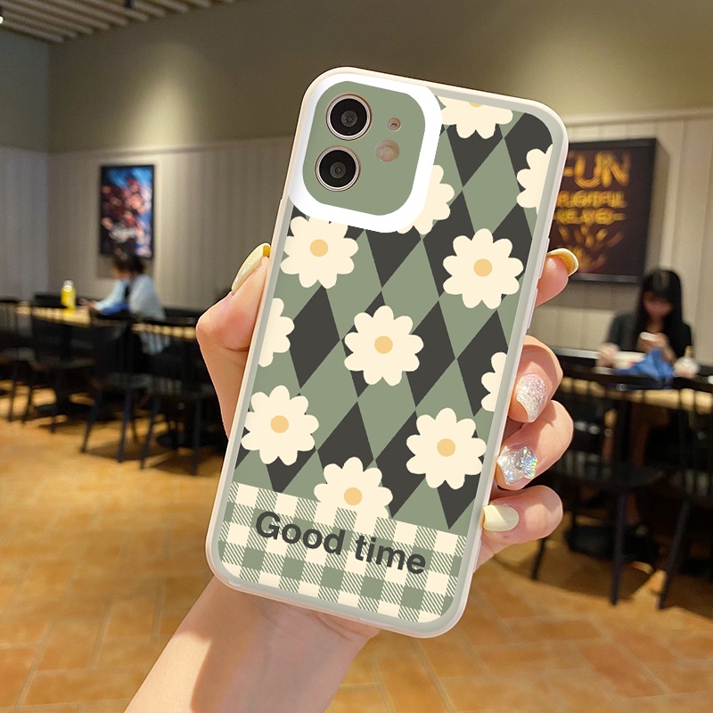 Ốp iphone cạnh vuông bo viền hoa trắng nền xanh cho 11/11pro/11promax/6/7/8/plus/x/xr/xsmax/12 pro max/13 pro max-g61